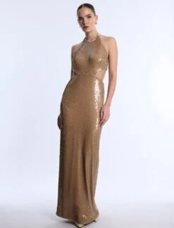 BCBGMAXAZRIA Sequin Cutout Halter Gown