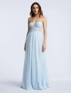 BCBGMAXAZRIA Lace Bodice Chiffon Rufle Gown