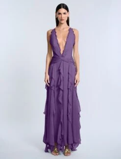 BCBGMAXAZRIA Ruffle Halter Chiffon Gown