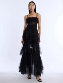BCBGMAXAZRIA Oly Tiered Ruffle Tulle Evening Gown