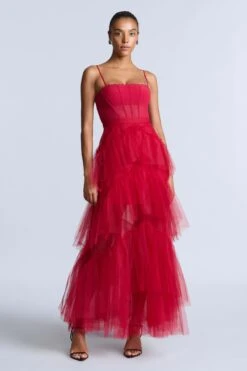 BCBGMAXAZRIA Oly Tiered Ruffle Tulle Evening