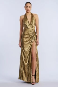 BCBGMAXAZRIA Lame Halter Gown