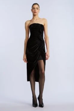 BCBGMAXAZRIA Strapless Velvet Ruffle Dress