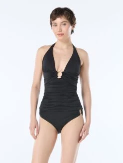 Carmen Marc Valvo V -Neck Shirred Tankini Top - Solids