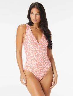 Carmen Marc Valvo V-Neck Surplice One Piece Swimsuit - Foil Jungle Cheetah -BCBGMAXAZRIA Shop C3X435 632