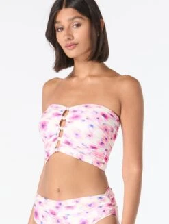 Carmen Marc Valvo Beaded Bandeau Shirred Bikini Top - Floral Escape