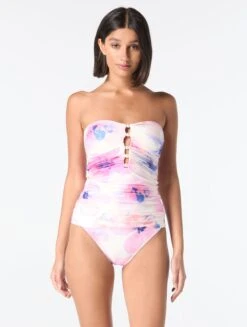 Carmen Marc Valvo Beaded Shirred Tankini Top - Floral Escape
