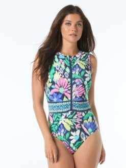 Beach House Sport Visualize Zip Front One Piece Swimsuit - Monterey Garden Rib -BCBGMAXAZRIA Shop H1G175 970 alt02