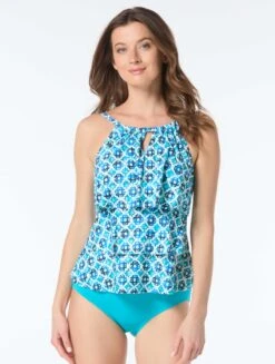Beach House Jaclyn High Neck Ruffle Tankini Top - Molokini Tile