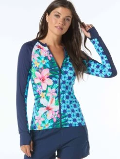 Beach House Sport Ava Zip Front Rash Guard - Tropical Grid