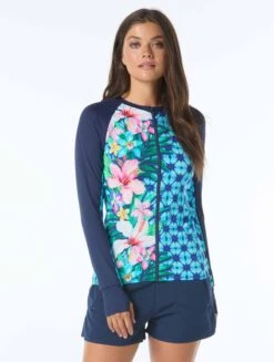 Beach House Sport Ava Zip Front Rash Guard - Tropical Grid -BCBGMAXAZRIA Shop H8F169 970 alt02