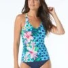 Beach House Ambition Fitted Cross Back Tankini Top - Tropical Grid