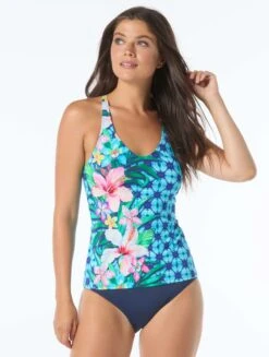Beach House Ambition Fitted Cross Back Tankini Top - Tropical Grid