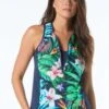 Beach House Sport Racer Zip Front Tankini Top - Tropical Paradise