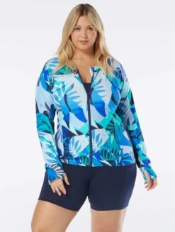 Beach House Sport Plus Size Ava Zip Front Rash Guard - Geo Palm