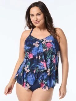 Beach House Plus Swim Kerry Mesh Layer Tankini Top - Monterey Tropical