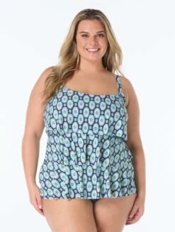 Beach House Plus Jane Ruffle Tiered Tankini Top - Retro Geo
