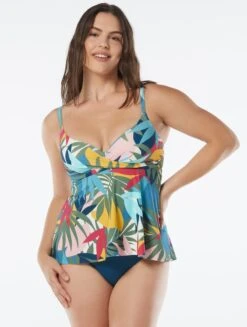 Coco Contours Diamond Wrap Bra Sized Underwire Tankini Top - Rainforest Leaves