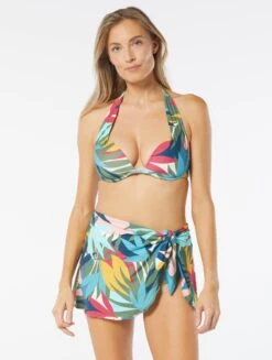 Coco Contours Cameo Halter Bra Sized Underwire Push Up Bikini Top - Rainforest Leaves