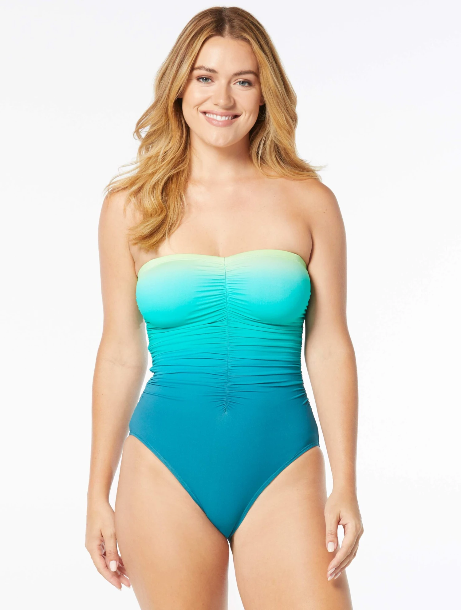 Coco Contours Adore Shirred Bandeau Bra Sized One Piece Swimsuit - Ombre Oasis 1 Coco Contours Adore Shirred Bandeau Bra Sized One Piece Swimsuit - Ombre Oasis