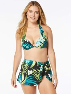 Coco Contours Cameo Halter Bra Sized Underwire Push Up Bikini Top - Midnight Plumeria