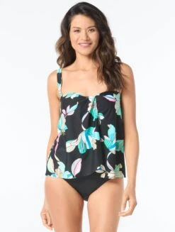 Coco Contours Clarity Draped Bandeau Bra Sized Tankini Top - Aquatic Lotus
