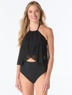 Coco Reef Quartz Bra Sized Underwire Mesh Layer Cropped Tankini Top - Classic Solids