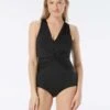 Gabar Chlorine Resistant Draped Twist V-Neck One Piece Swimsuit - Solids