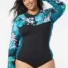 Beach House Sport Plus Size Sculpt Long Sleeve Zip Front One Piece Swimsuit - Delray Botanical