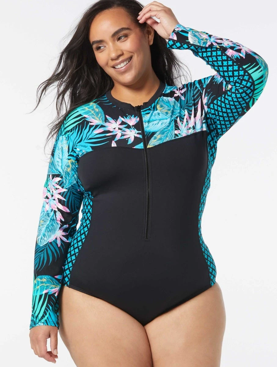 Beach House Sport Plus Size Sculpt Long Sleeve Zip Front One Piece Swimsuit - Delray Botanical 1 Beach House Sport Plus Size Sculpt Long Sleeve Zip Front One Piece Swimsuit - Delray Botanical