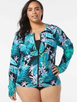 Beach House Sport Plus Size Ava Zip Front Rash Guard - Delray Botanical