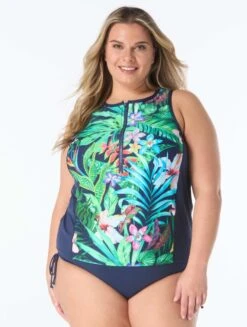 Beach House Sport Plus Racer Zip Front Tankini Top - Tropical Paradise -BCBGMAXAZRIA Shop hw9f388 970 1