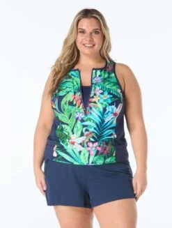Beach House Sport Plus Racer Zip Front Tankini Top - Tropical Paradise
