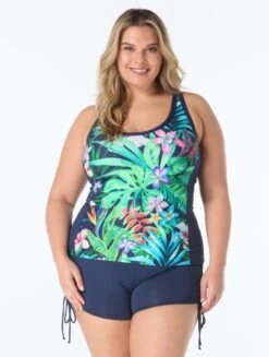 Beach House Sport Plus Ambition Fitted Cross Back Tankini Top - Tropical Paradise