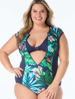 Beach House Sport Plus Endurance Zip Front One Piece Swimsuit - Tropical Paradise -BCBGMAXAZRIA Shop hw9f425 970 1