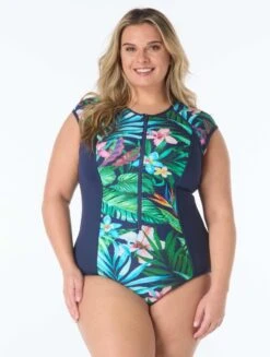 Beach House Sport Plus Endurance Zip Front One Piece Swimsuit - Tropical Paradise