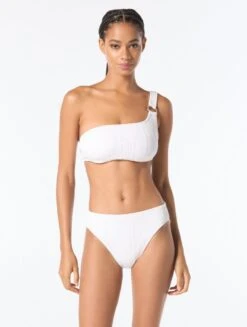 MICHAEL Michael Kors Logo Ring One Shoulder Textured Bikini Top - Solids