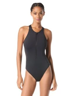 MICHAEL Michael Kors Zip Front One Piece Swimsuit - Laser Cut Scuba