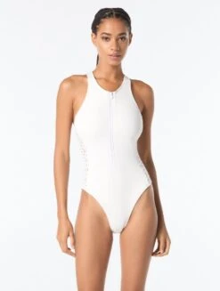 MICHAEL Michael Kors Zip Front One Piece Swimsuit - Laser Cut Scuba -BCBGMAXAZRIA Shop mm64164 100 1 b641ae83 0317 4616 ba60 3edf480fadad