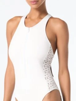 MICHAEL Michael Kors Zip Front One Piece Swimsuit - Laser Cut Scuba -BCBGMAXAZRIA Shop mm64164 100 alt02 1 b697ea8d c152 49fa 80e2 b5e71a903dc9